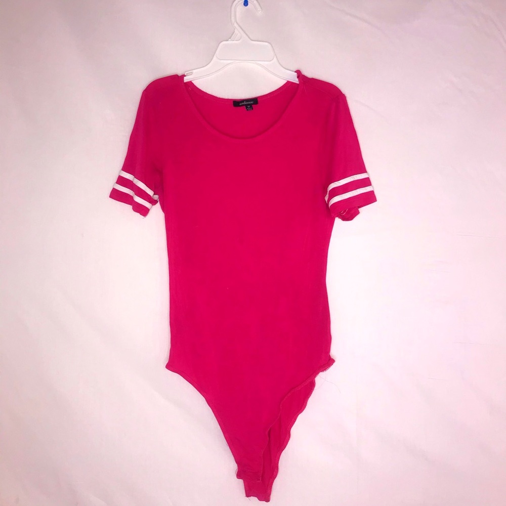 pink bodysuit w/ stripes on shoulders !